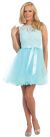 Boat Neck Lace Bust Short Tulle Bridesmaid Party Dress in Baby Blue